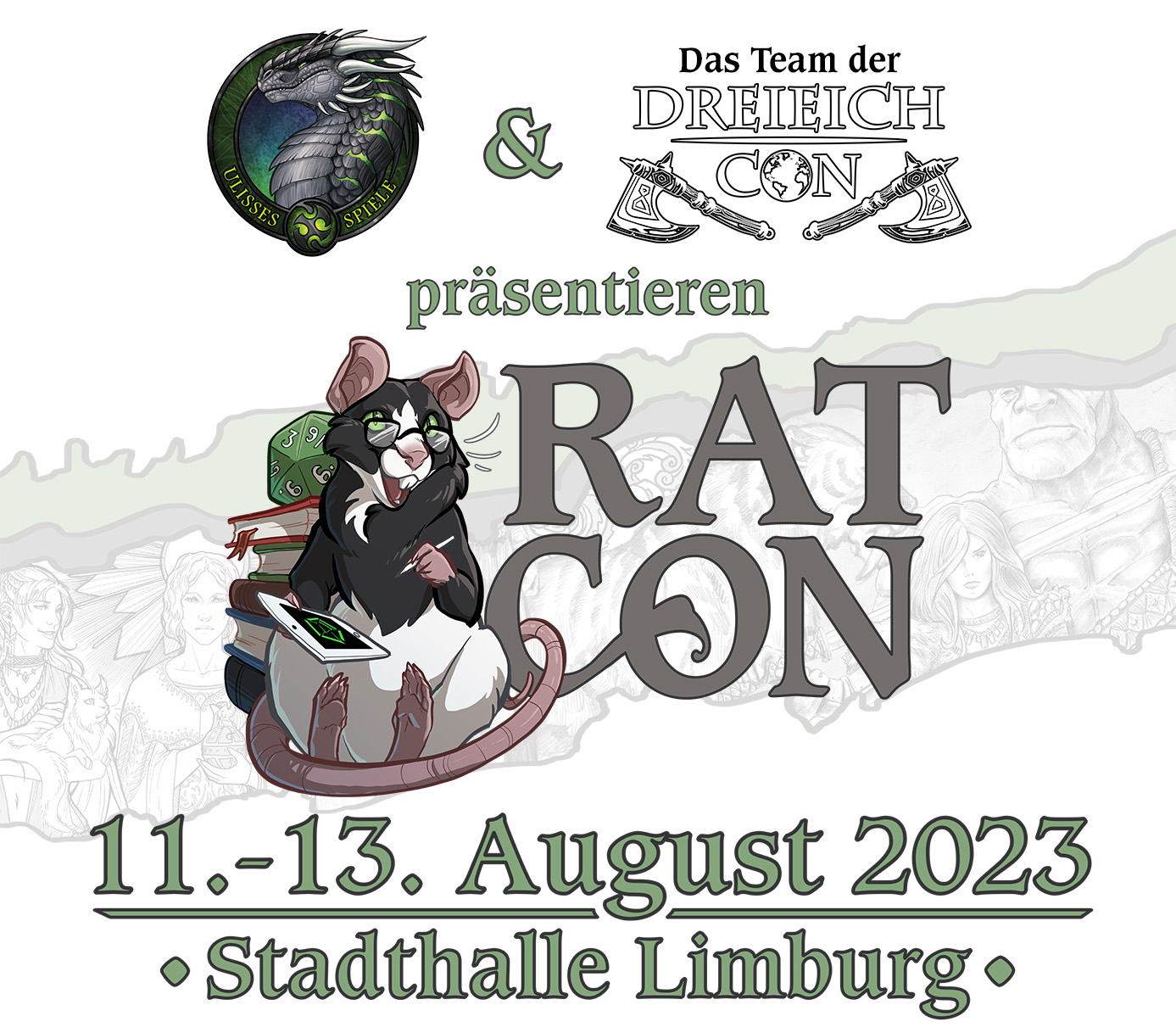 Ankündigungsgrafik der RatCon Limburg, welche in Kooperation von Ulisses Spiele und dem Team der DreieichCon vom 11. - 13. August 2023 in der Stadthalle Limburg stattfinden wird.